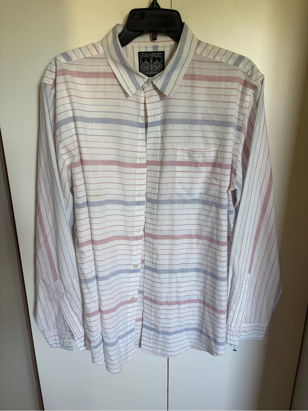 Men's White Button-Down Shirt with Blue & Pink Stripes